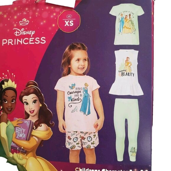 Disney Princess 5-Piece Set Cotton T-shirts Top Shorts Leggings Pink XS 4-5 - Picture 5 of 10